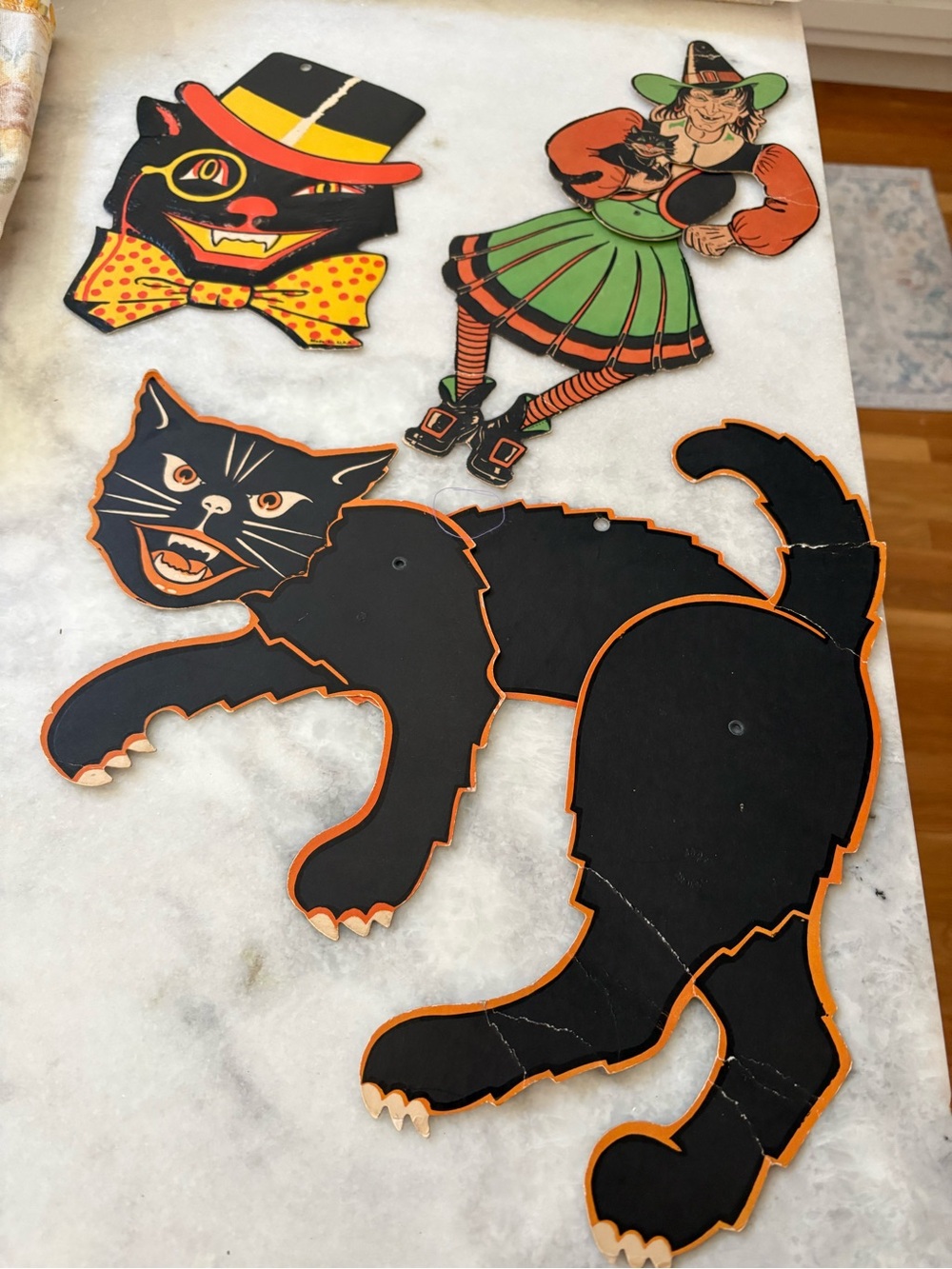Vintage 1940-50s Beistle Halloween Cut-Outs. 13” Full Black Cat, 12” Witch, Cat.